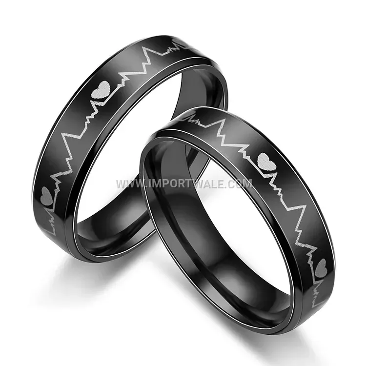 Black Heartbeat EKG Titanium Steel Band Ring