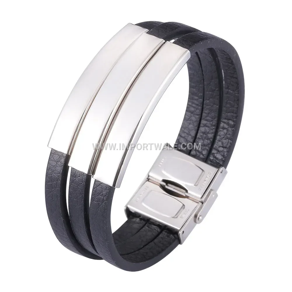 Sleek Stainless Steel Black Leather Cord Wristband