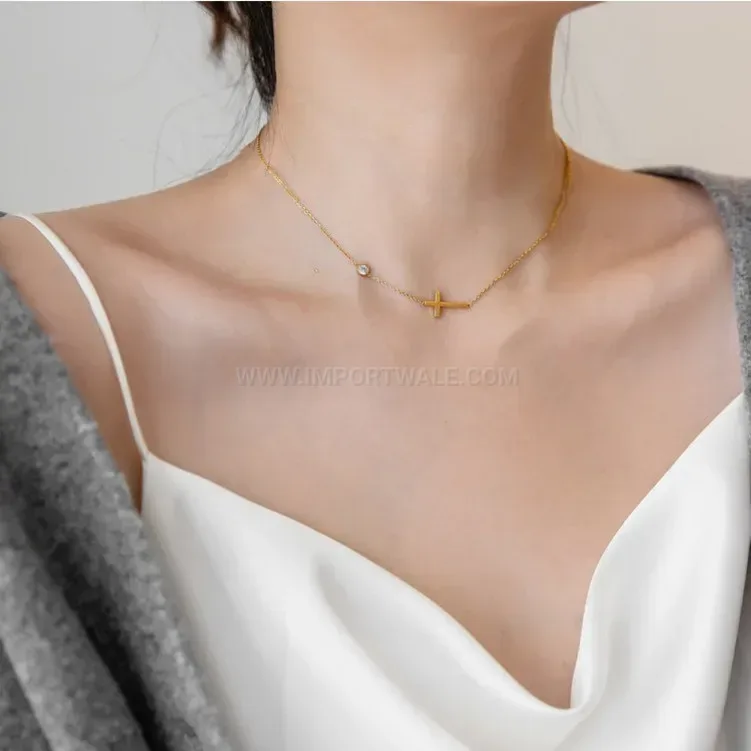 Chic Sparkling Cubic Zirconia Cross Pendant Titanium Steel Choker Necklace