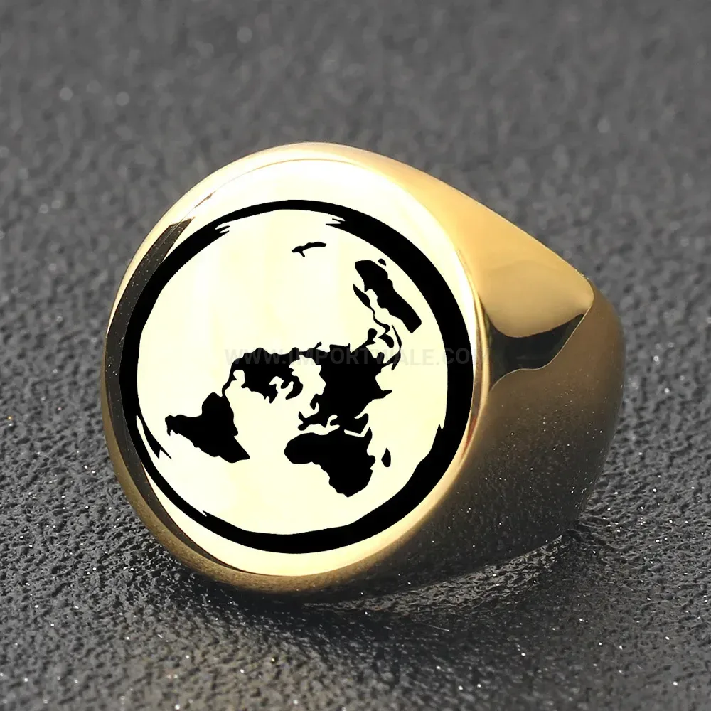 Premium Laser Engraved Earth Map Stainless Steel Signet Ring