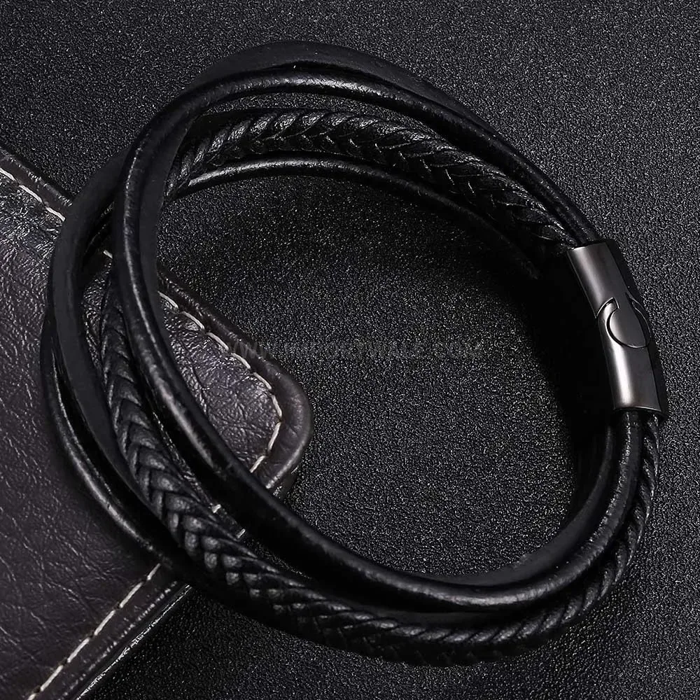 Multi Layer Braided Leather Stainless Steel Men Bracelet