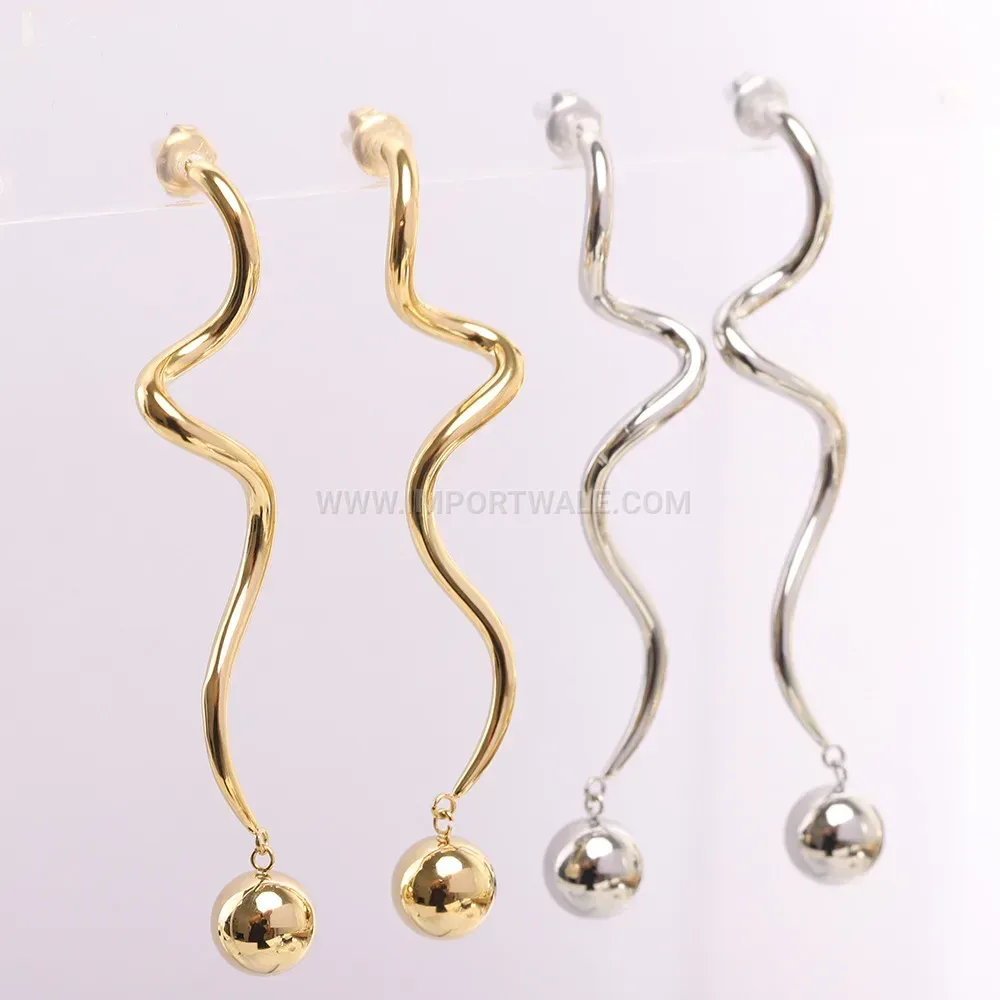 Minimalist Spiral Bar and Round Bead Stainless Steel Stud Earrings