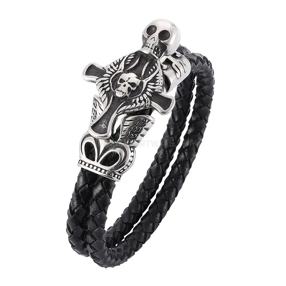 Double Wrap Braided Leather Skull Motif Steel Cuff Bracelet