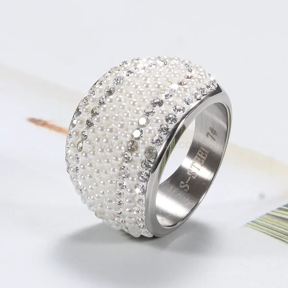 Sparkling Rhinestone Statement Stainless Steel Wide Ring