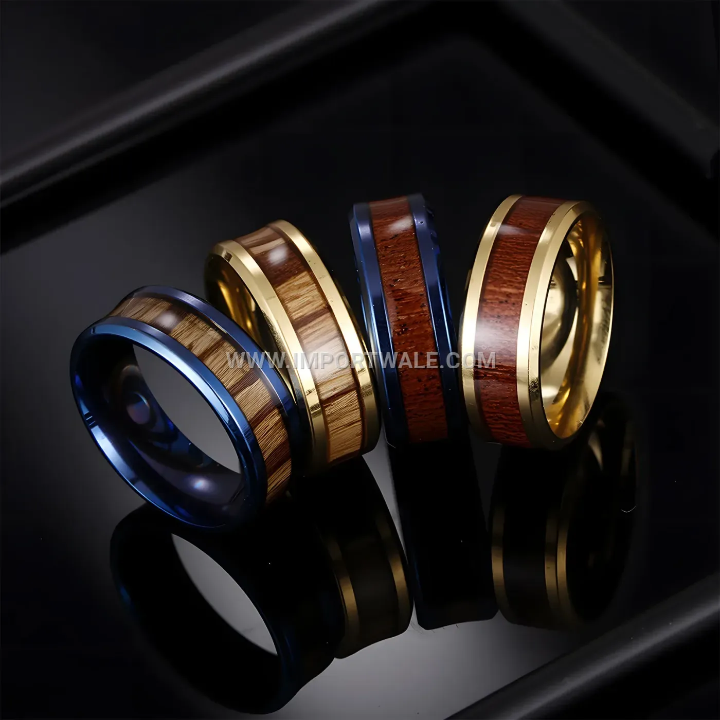 Wood Inlay Stainless Steel Band Ring for Couples