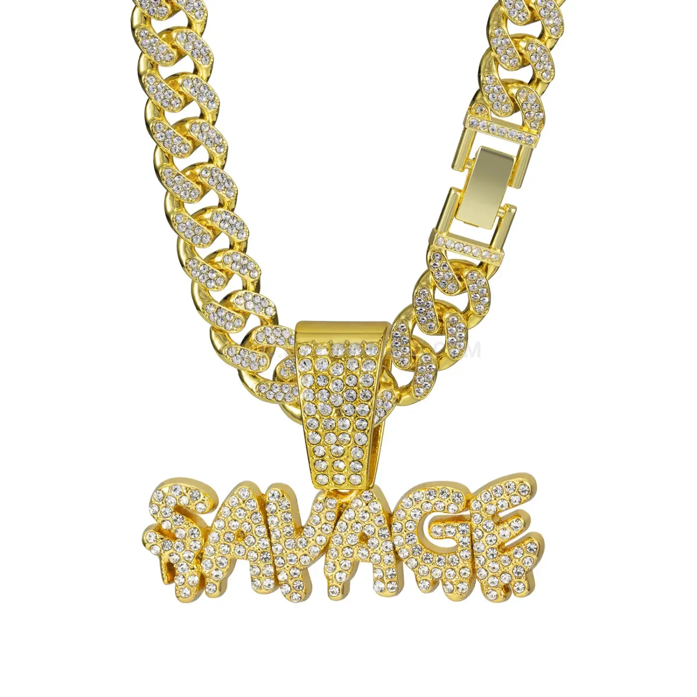 Premium SAVAGE Letter Rhinestone Alloy Cuban Chain Necklace