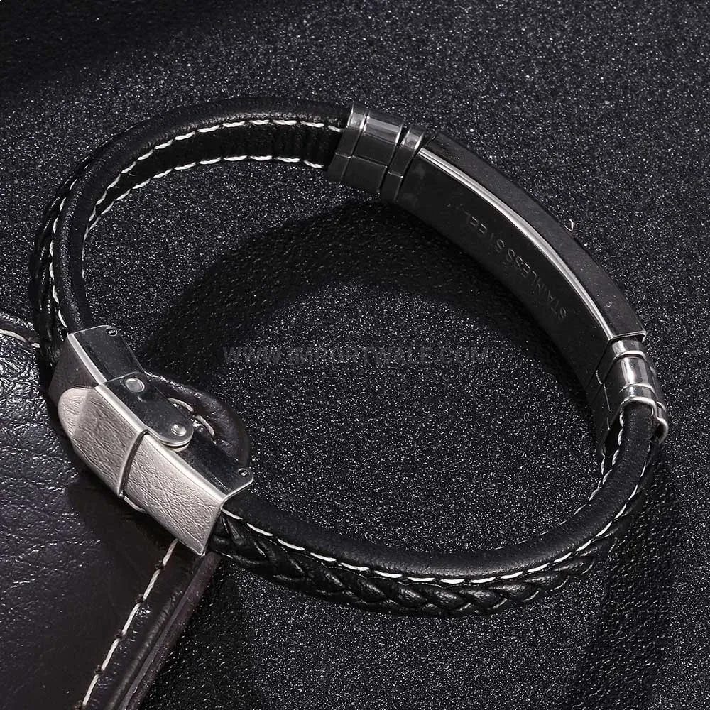 Trendy Woven Leather Stainless Steel Men Bracelet