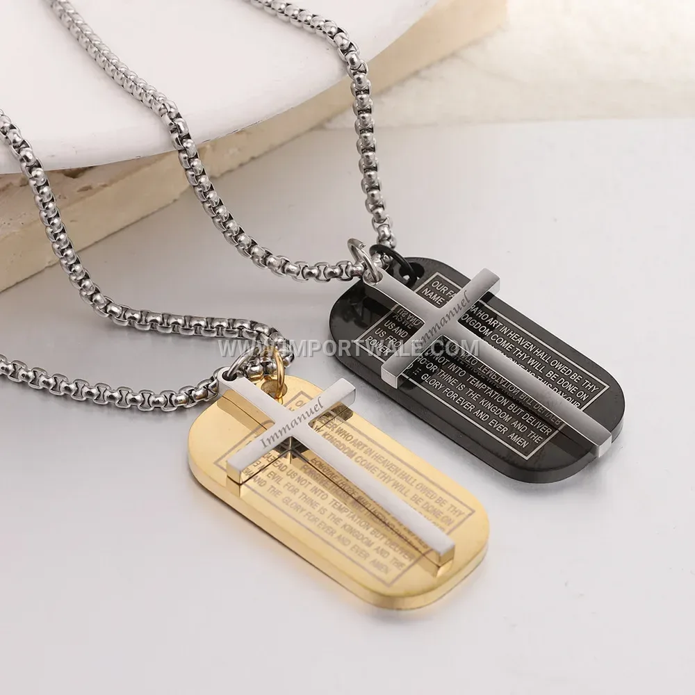 Vintage Stainless Steel Cross Engraved Dog Tag Pendant Necklace
