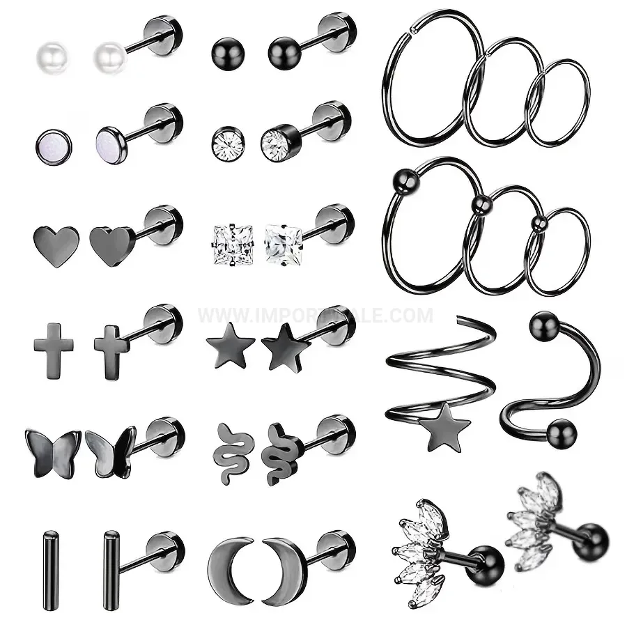 Classic Titanium Steel Piercing Stud Set with Cubic Zirconia Accents