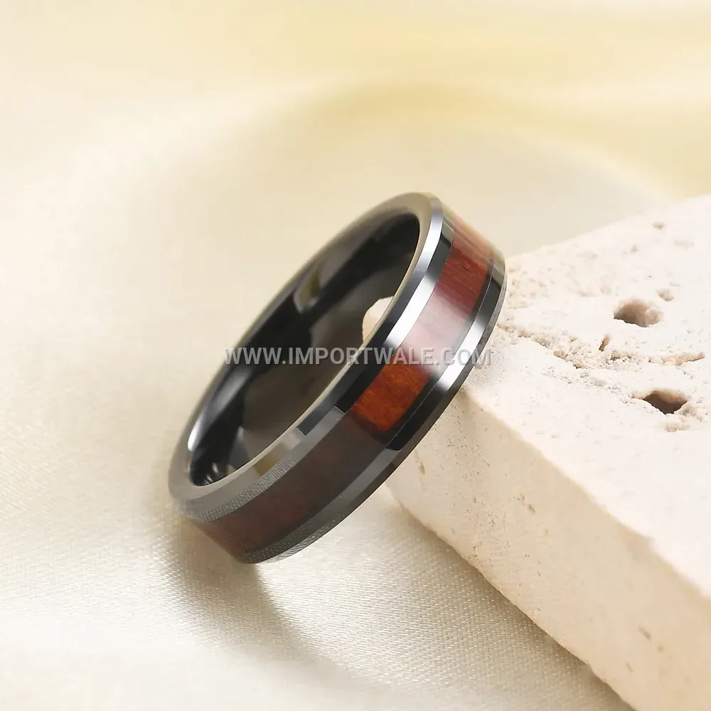 Black Stainless Steel Wood Grain Band Ring