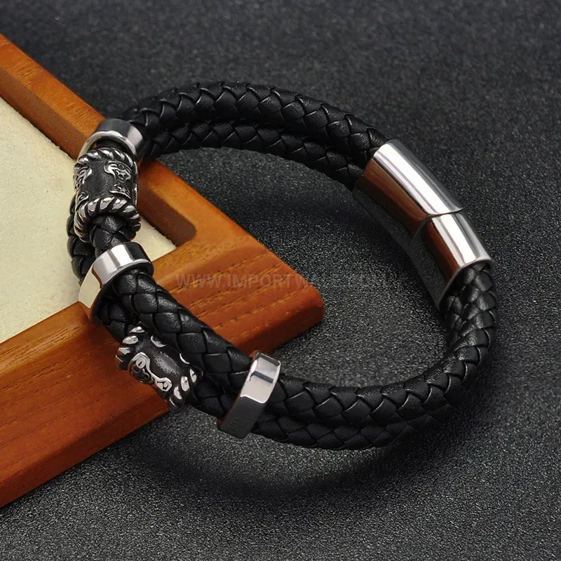 Trendy Vintage Style Stainless Steel Beaded Microfiber Leather Men Bracelet
