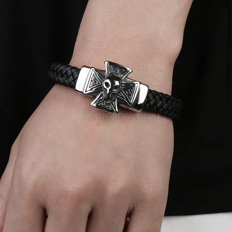 Stylish Gothic Skull and Cross Stainless Steel Leather Wristband Bracelet
