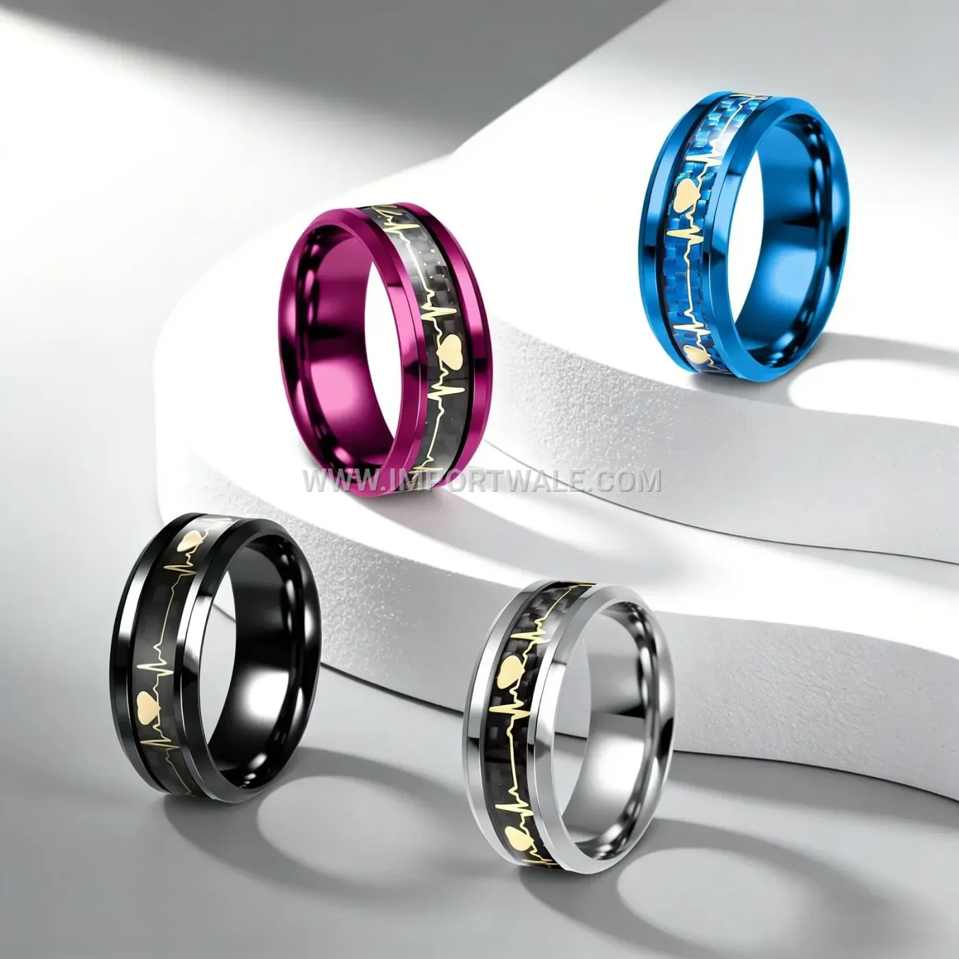 Heartbeat Motif Carbon Fiber Stainless Steel Band Ring