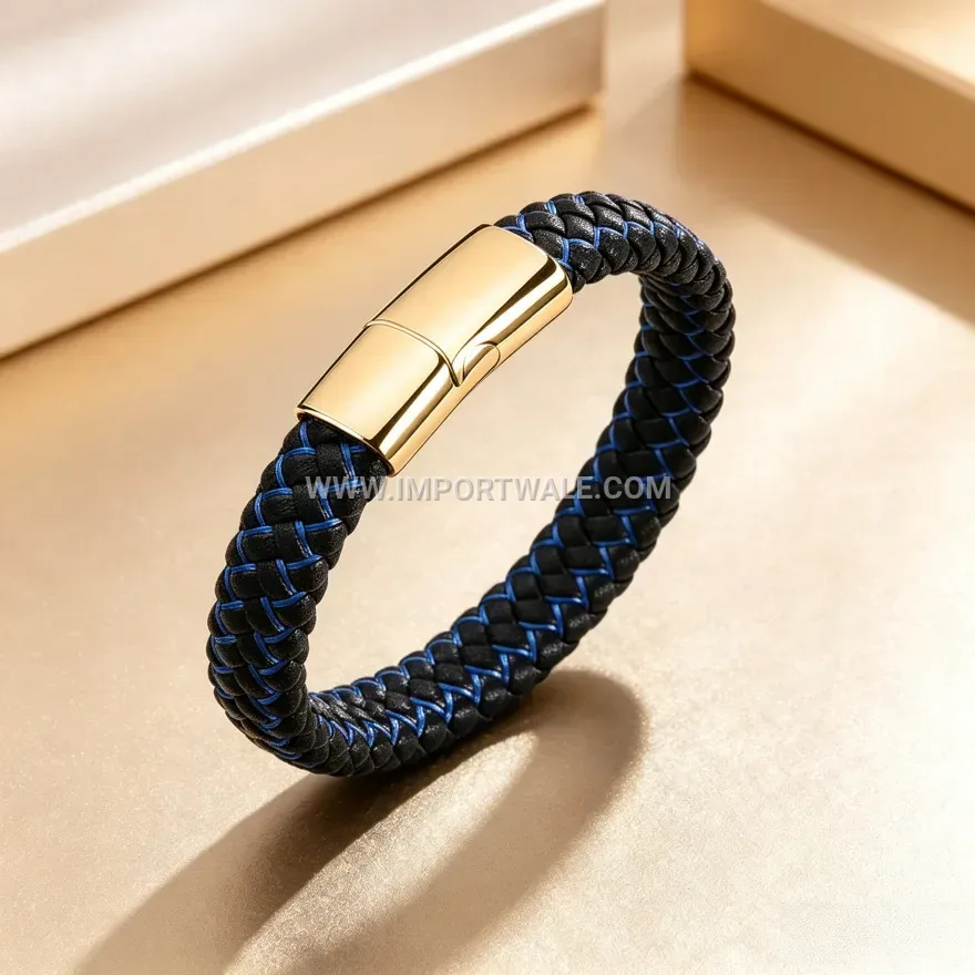 Braided PU Leather Wristband with Alloy Magnetic Clasp
