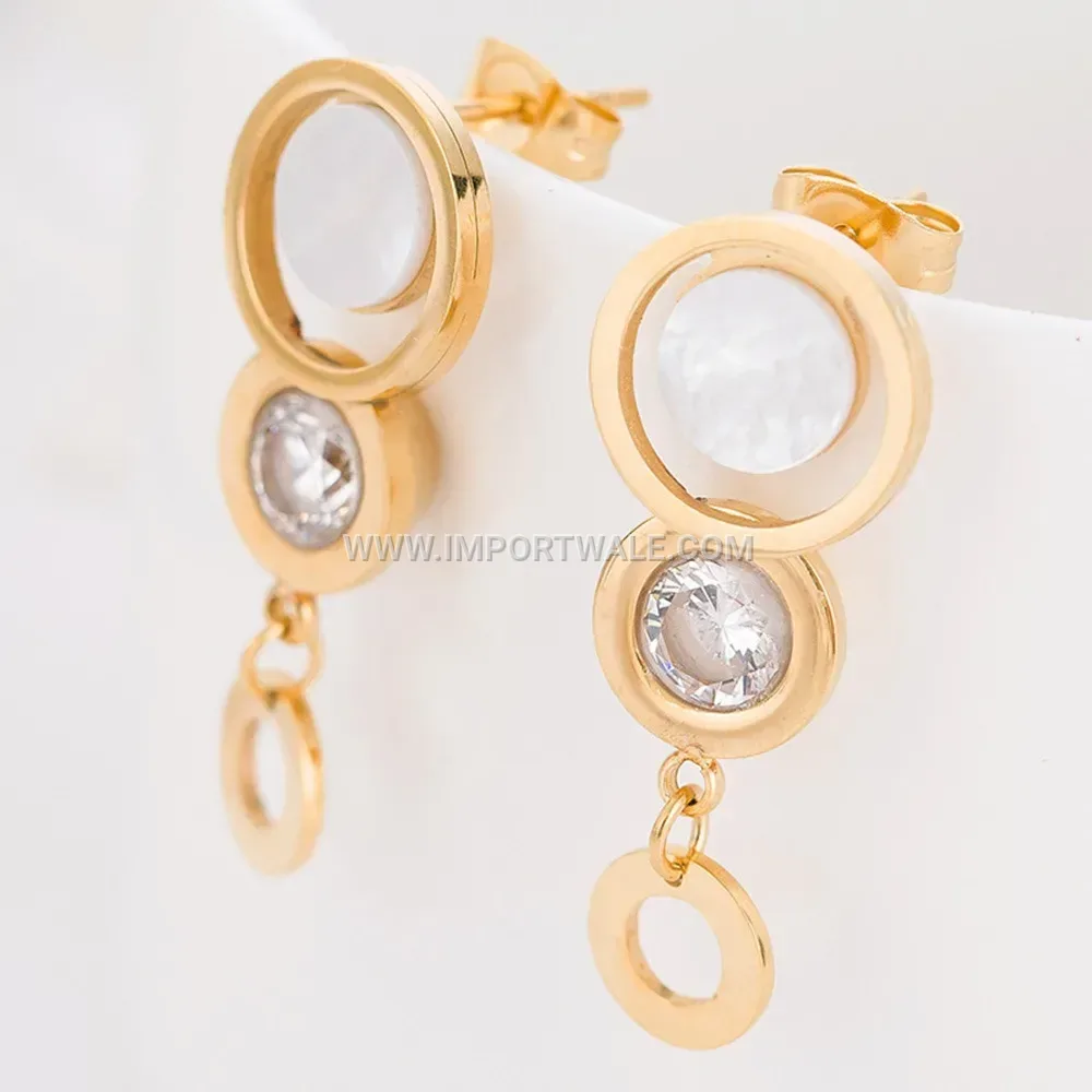 Stainless Steel Cutout Teardrop Earrings with Shell Accent and Rhinestones