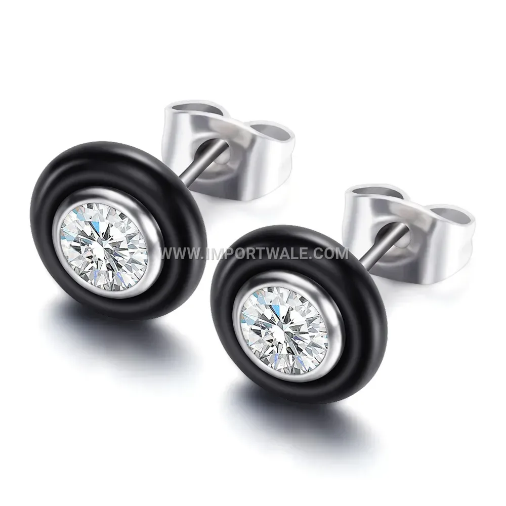 Ceramic and Stainless Steel Zircon Stud Earrings