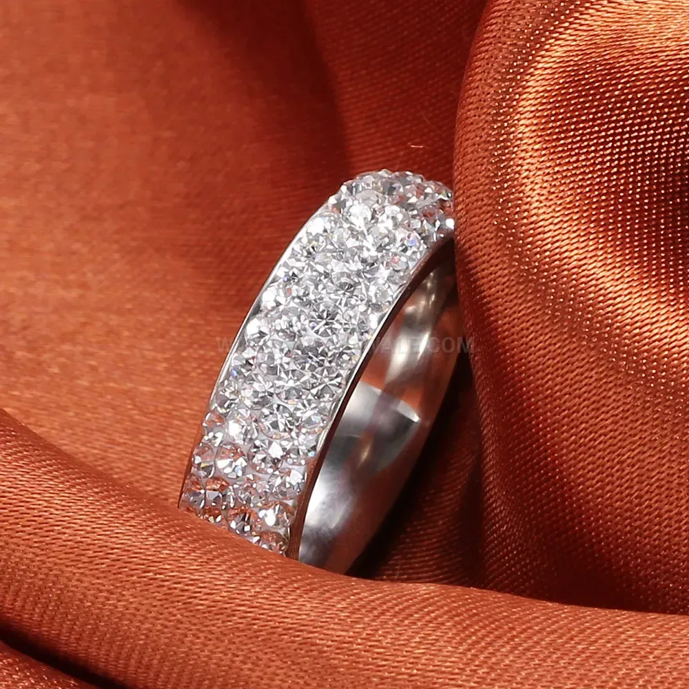 Five-Row Crystal Inlaid Stainless Steel Band Ring
