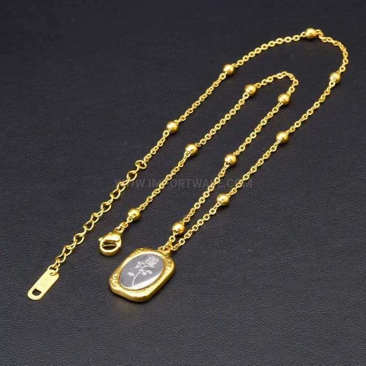 Premium Oval Rose Pendant Titanium Steel Necklace with Gold Mirror Finish