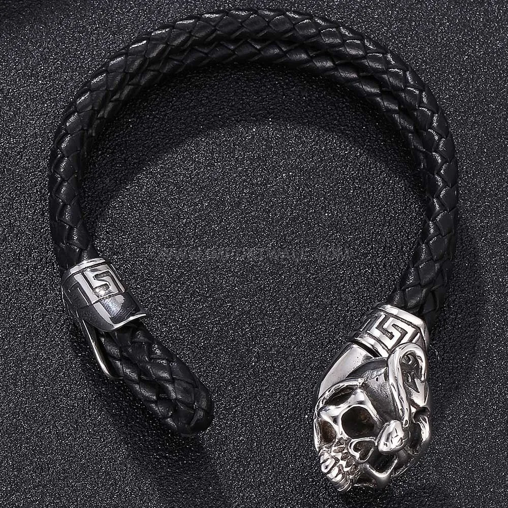 Men's Braided Leather Double Wrap Skeleton Bracelet in Stainless Steel