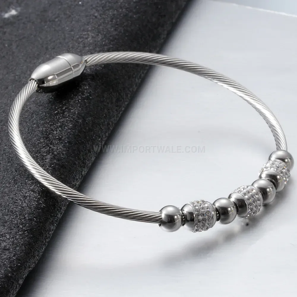 Chic Rhinestone Symmetrical Bead Magnetic Clasp Stainless Steel Bangle