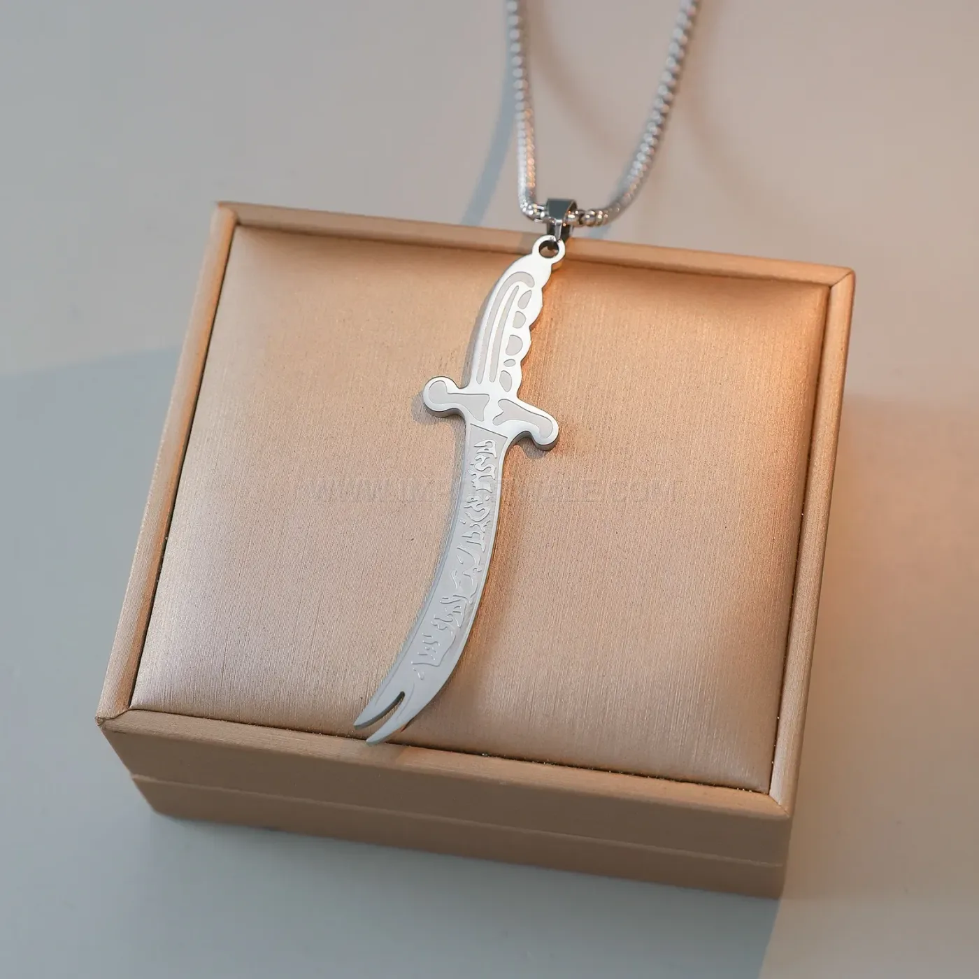 Elegant Plated Stainless Steel Calligraphy Zulfiqar Sword Pendant Necklace