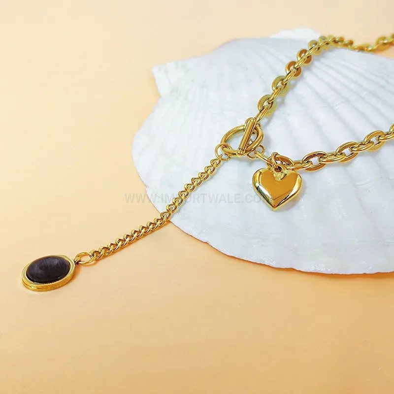 Crystal Heart Pendant Tassel Choker Necklace with OT Clasp
