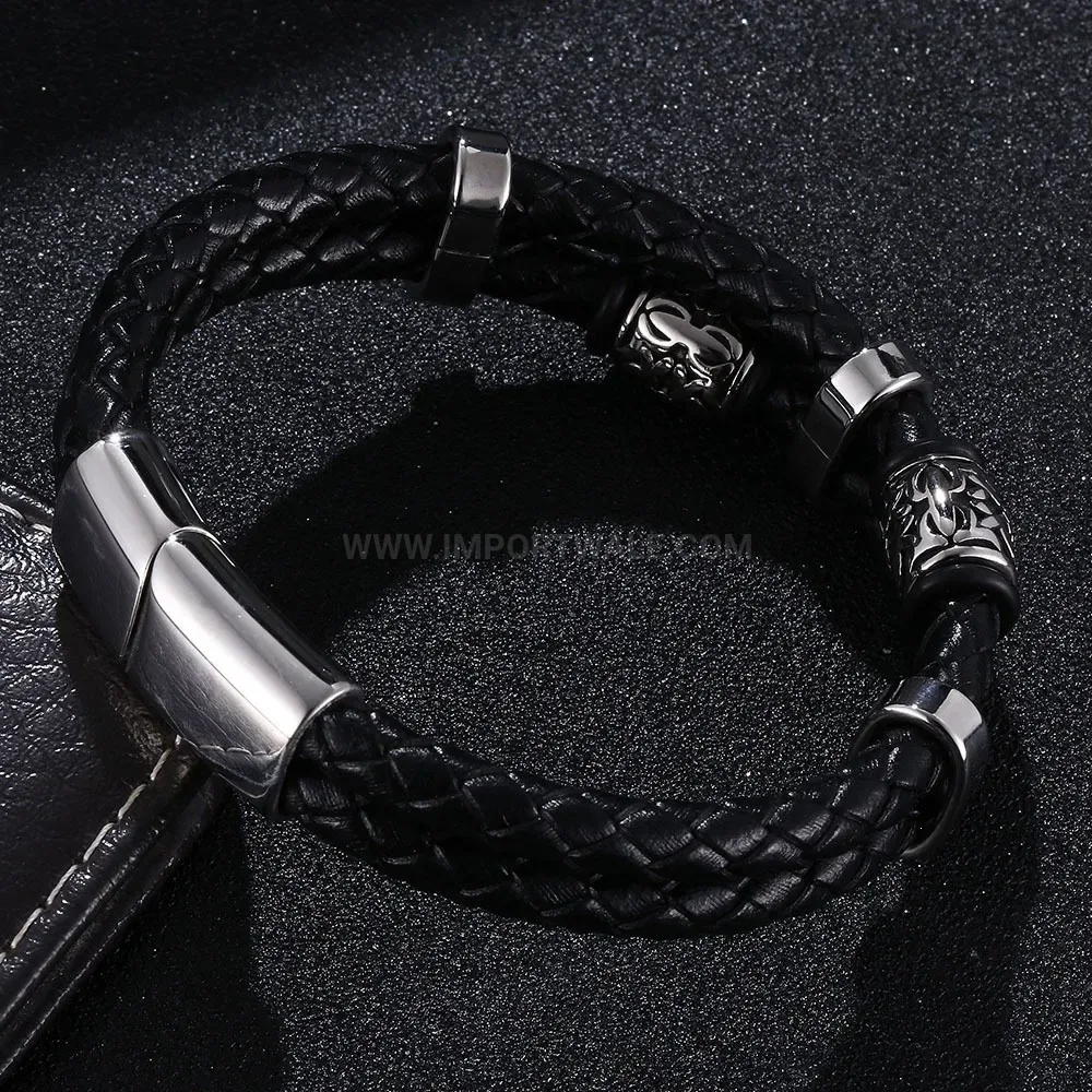 Men's Viking Style Braided Leather Bead Bracelet in Stainless Steel