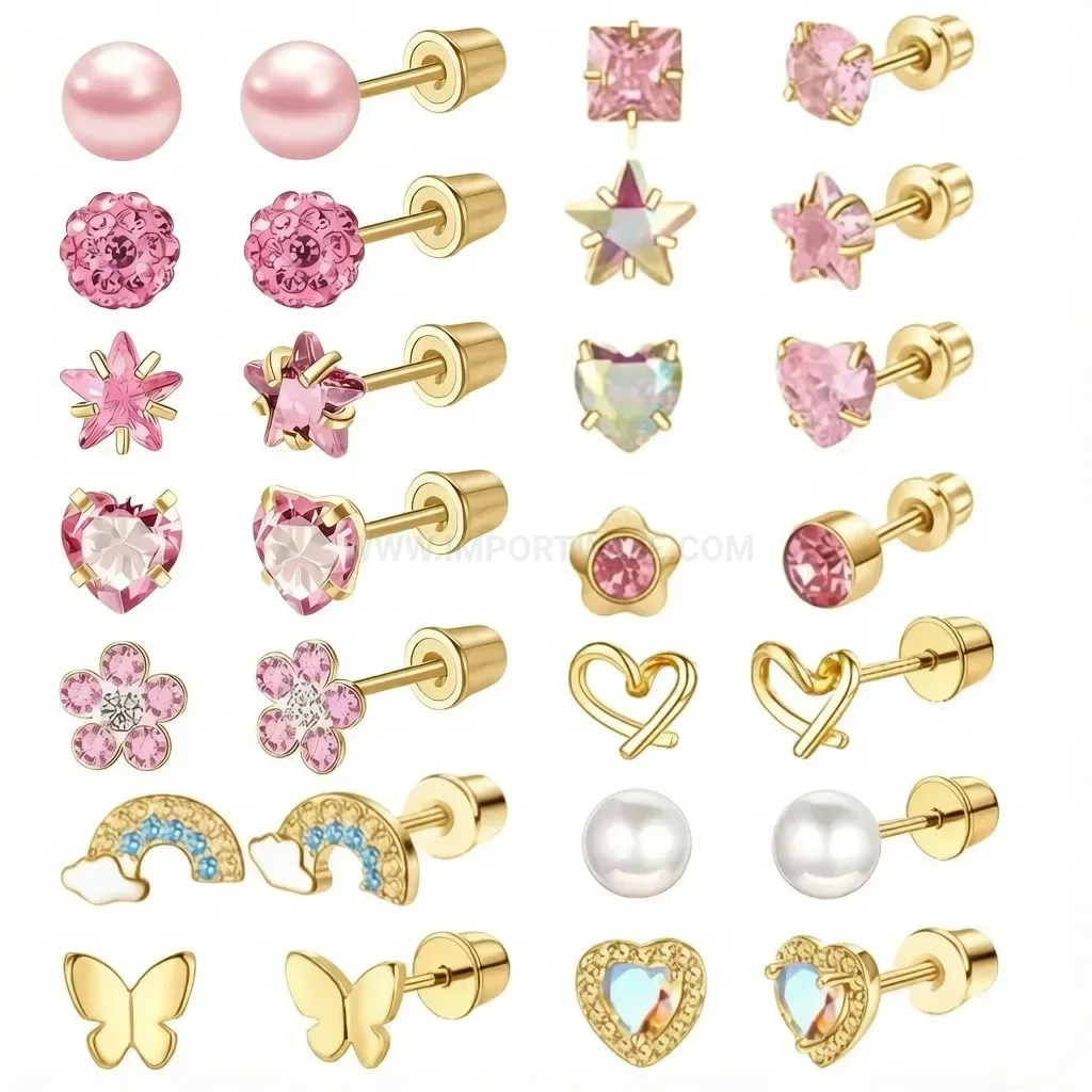Elegant Pink Zircon Stainless Steel Threaded Cartilage Stud Piercing Set