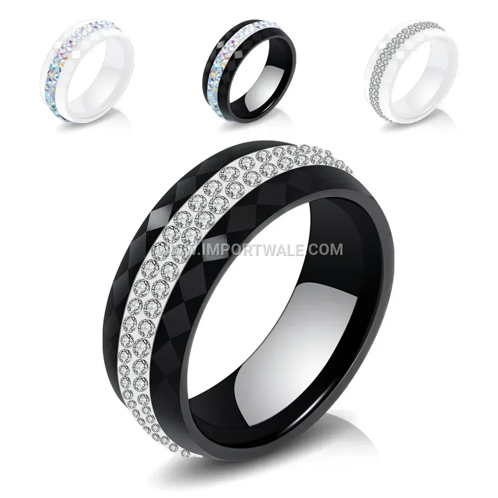 Dual Row Crystal Inlaid Ceramic Statement Ring