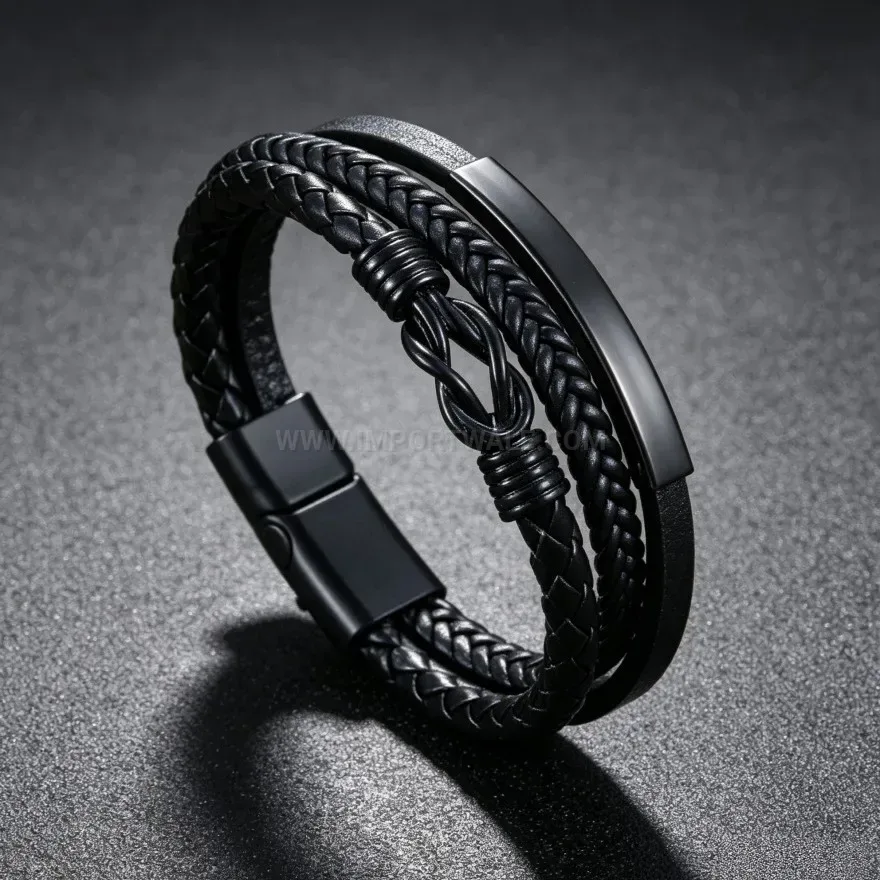Bold Vintage Multi Layer Knotted Leather Bracelet with Curved Metal Accent