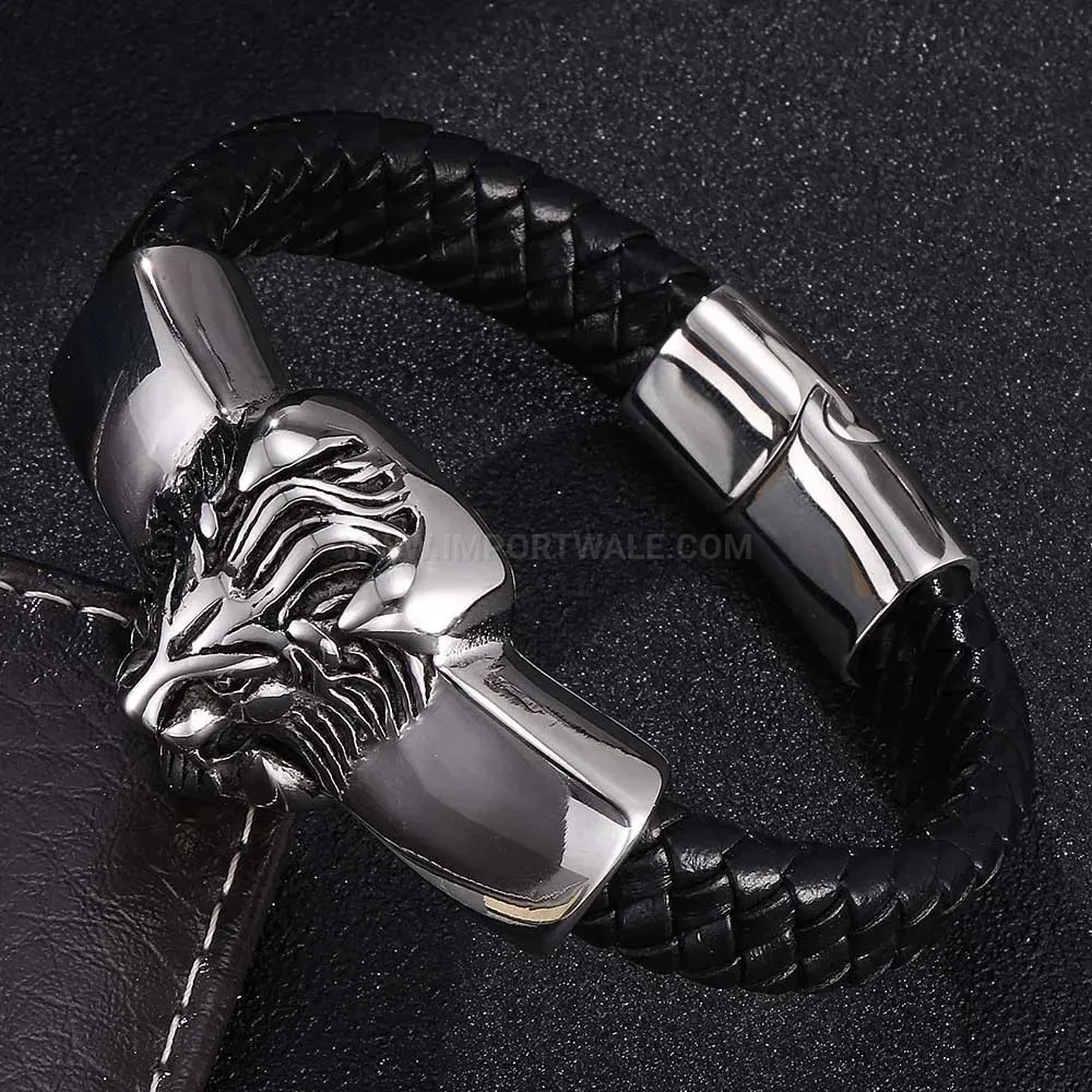 Bold Lion Head Black Leather Bracelet with Stainless Steel Details