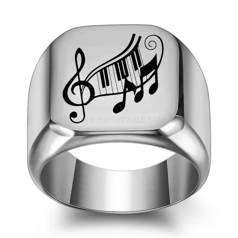 Elegant Engraved Musical Note Square Stainless Steel Signet Ring