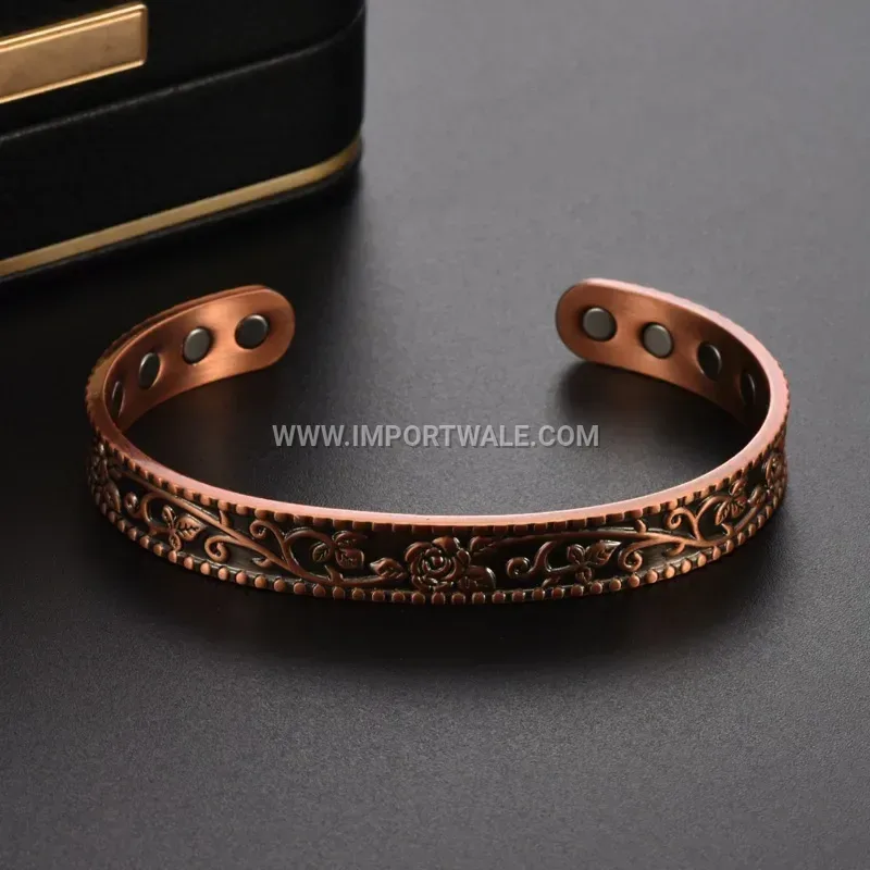 Vintage Rose Engraved Pure Copper Adjustable Magnetic Cuff Bracelet