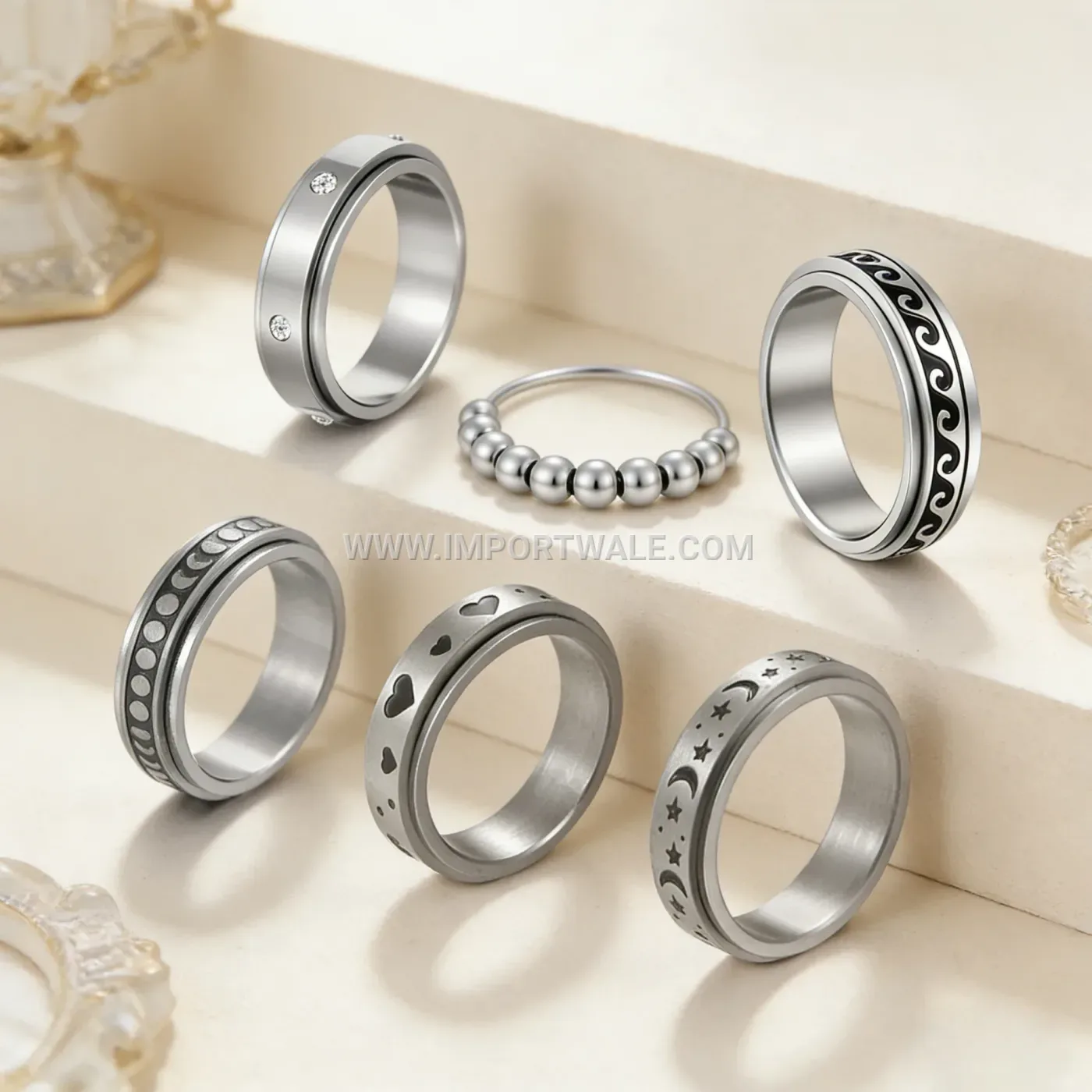 Spinning Heart and Moon Stainless Steel Band Ring