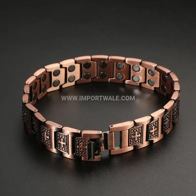 Double Row Leaf Motif Red Copper Bio Magnetic Bracelet