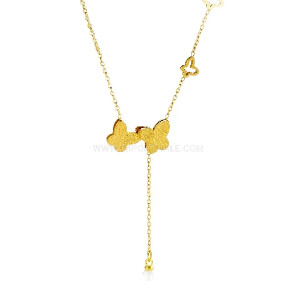 Bold Gold Stainless Steel Butterfly Shell Pearl Tassel Pendant Necklace