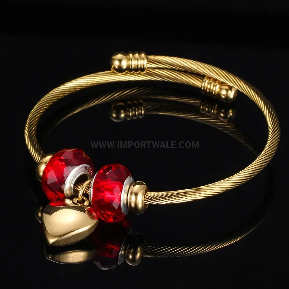 Bold Adjustable Stainless Steel Glass Bead Bangle With Heart Pendant