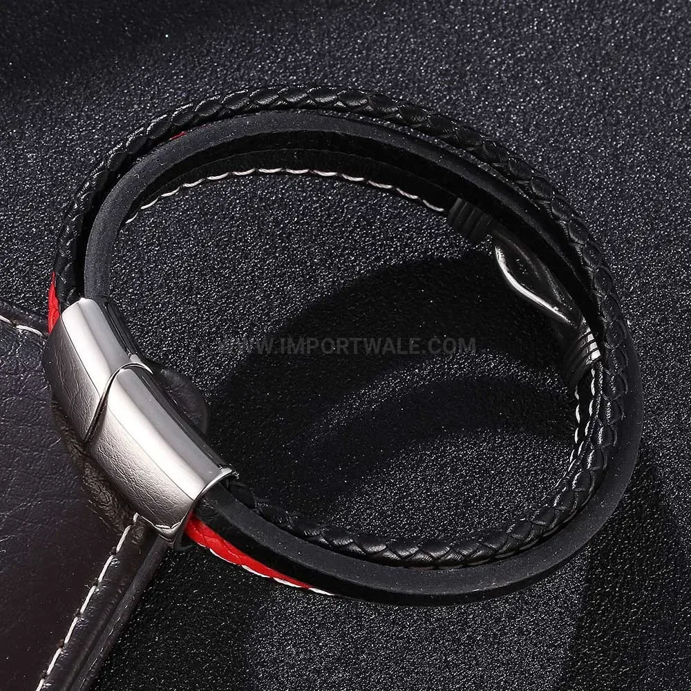 Braided Dual-Tone Leather Bracelet with Stainless Steel Magnetic Clasp