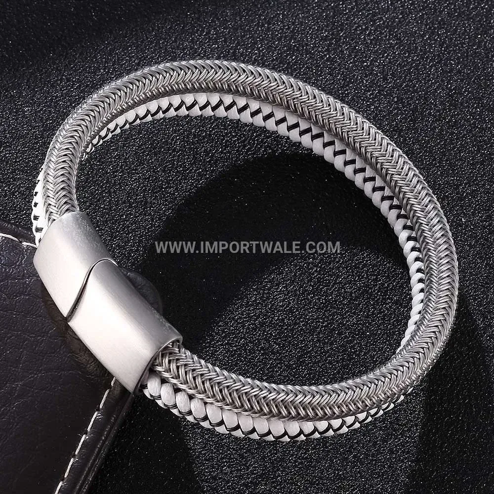 Braided Leather and Steel Wire Men's Statement Wristband Bracelet