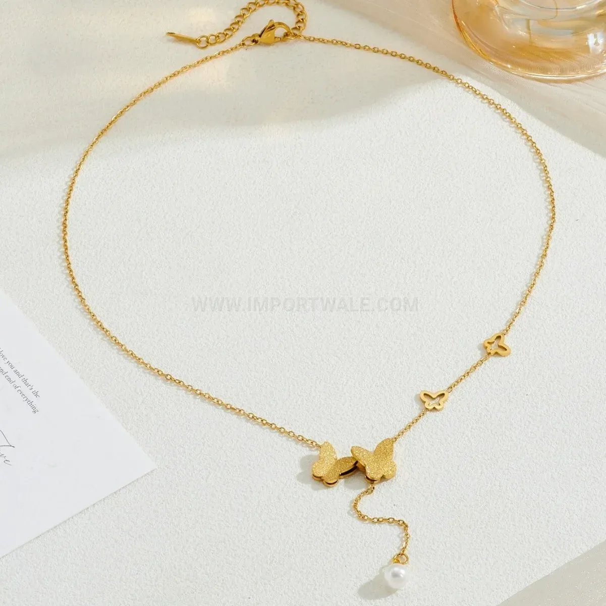 Bold Gold Stainless Steel Butterfly Shell Pearl Tassel Pendant Necklace