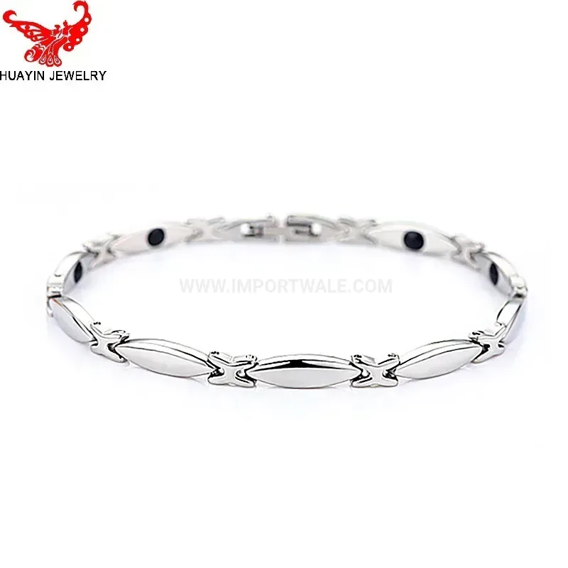 Bold Slender Titanium Steel Bio Magnetic Bracelet with Hematite Stones