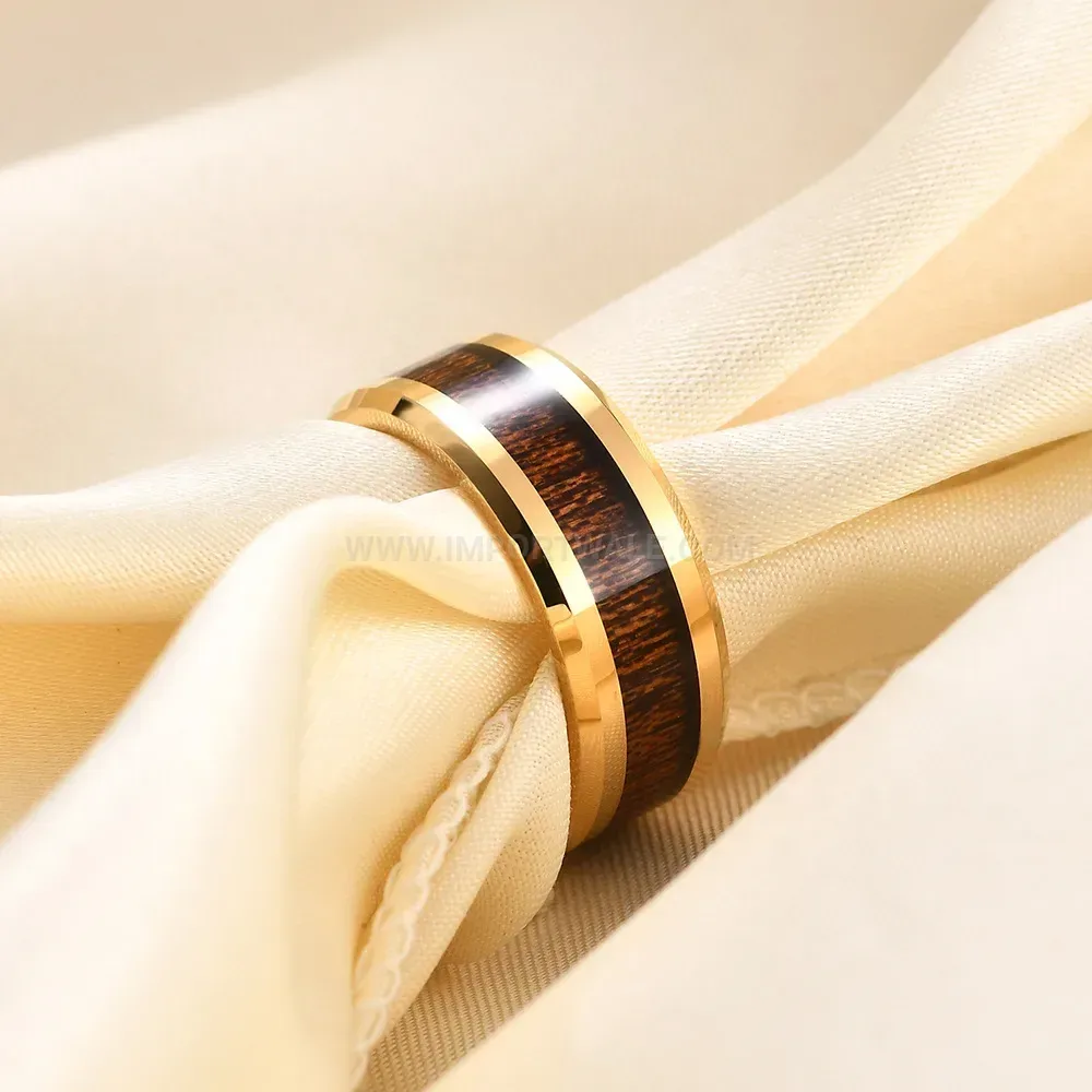 Chic Minimalist Black Wood Grain Stainless Steel Band Ring
