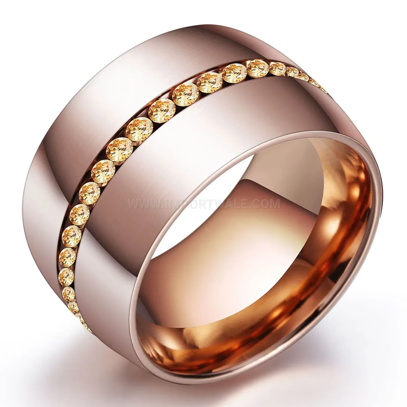 Wide Stainless Steel Ring with Single Row Rhinestones