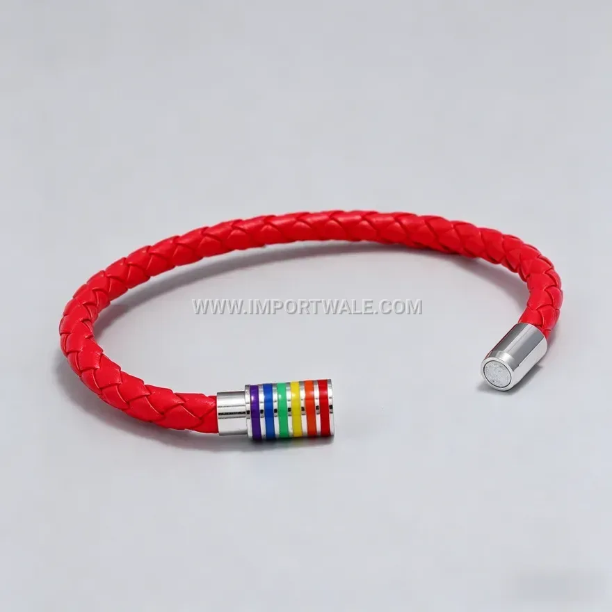 Braided Rainbow Accent PU Leather Wristband With Magnetic Clasp