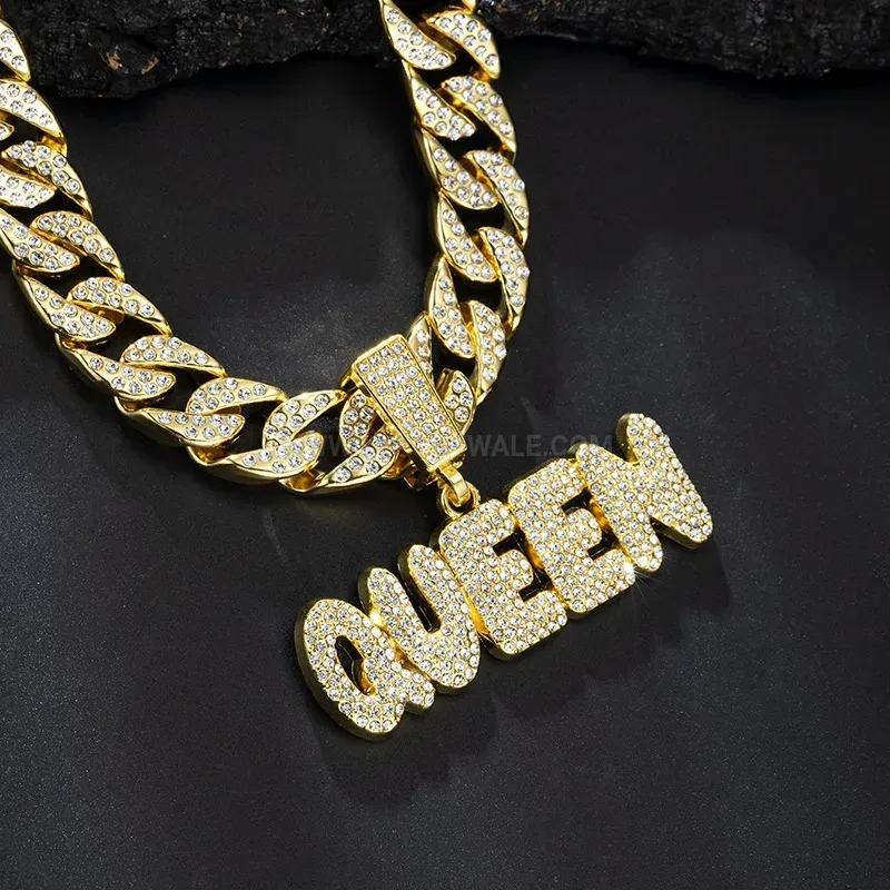 Chic Iced Out Queen Letter Pendant Cuban Chain Necklace