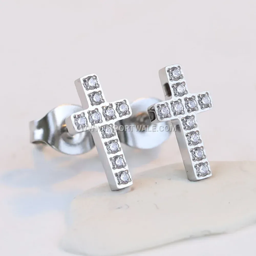 Minimalist Stainless Steel Cross Dangle Earrings with Zircon Accent