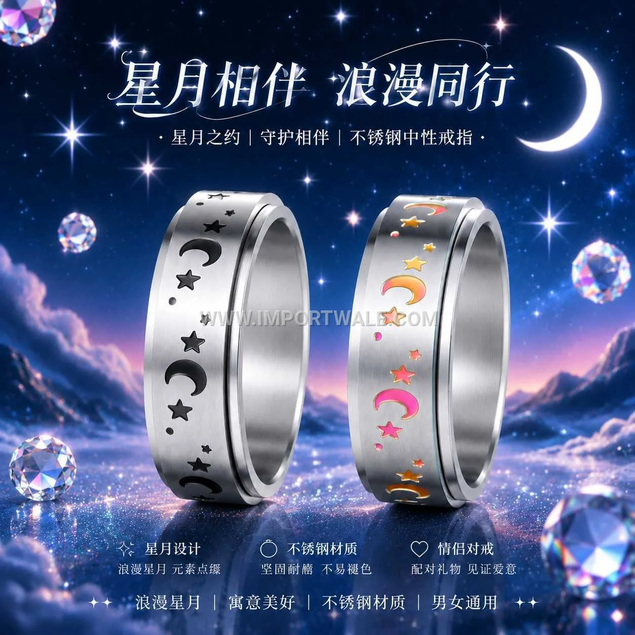 Titanium Steel Star and Moon Spinner Band Ring