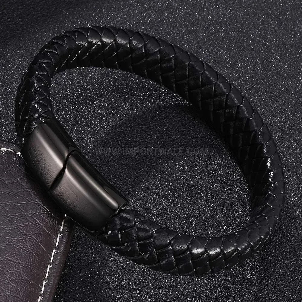 Braided Leather Wristband with Stainless Steel Magnetic Clasp Accent