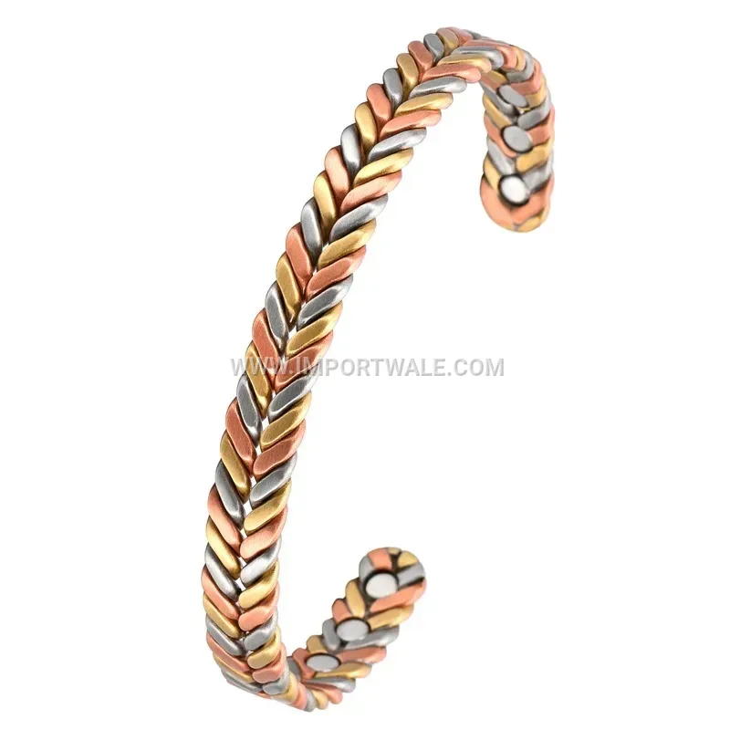 Tricolor Wavy Pure Copper Magnetic Dragon Energy Open Cuff Bracelet