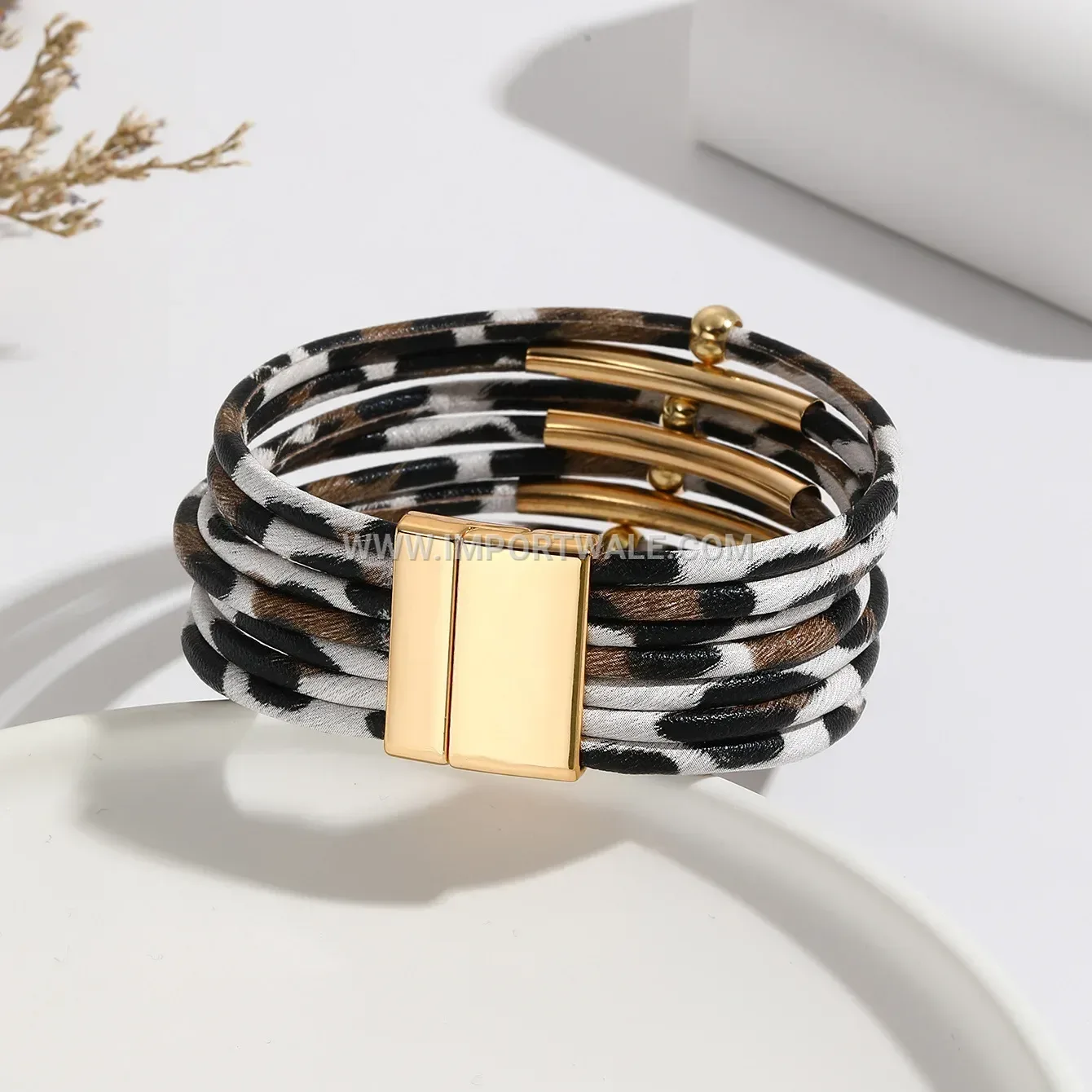 Multi-Strand Leopard Print Leather Bracelet with Curved Tube